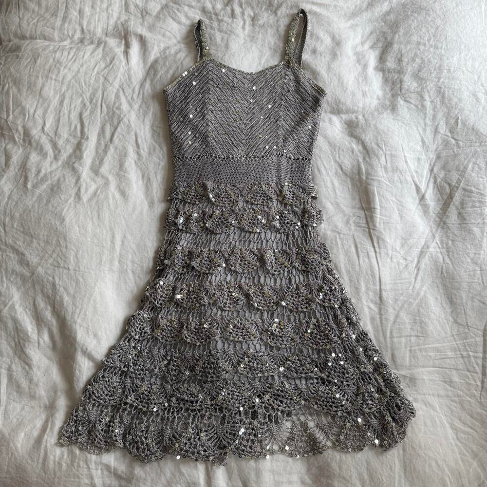 Beautiful vintage Rene Derhy sequined silver crochet dress